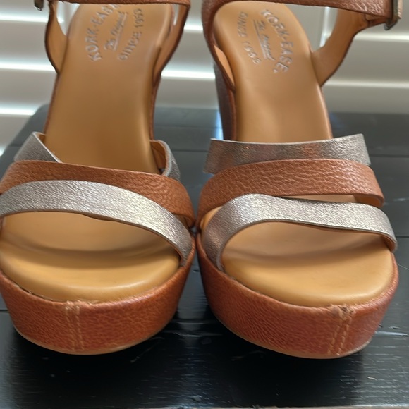 EUC Kork-Ease neutral tan and silver metallic strap high wedge sandals - Picture 8 of 12